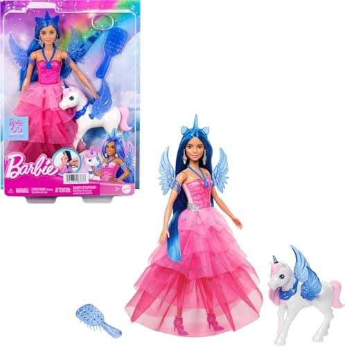 PRIME DAY Barbie - Barbie Unicorno, bambola celebrativa del 65 anniversario con abito rosa e capelli blu